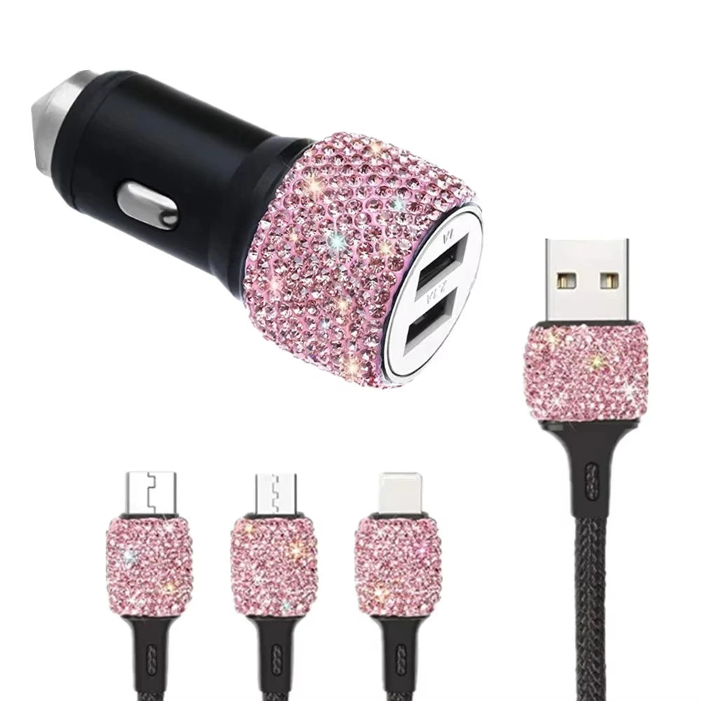 Bling USB Car Charger – Dual Port 5V 2.1A Pink Diamond Decor