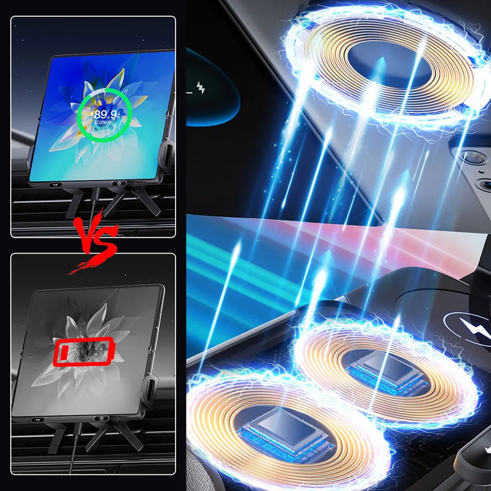 Dual Coil Car Phone Holder – 15W Foldable Wireless Charger