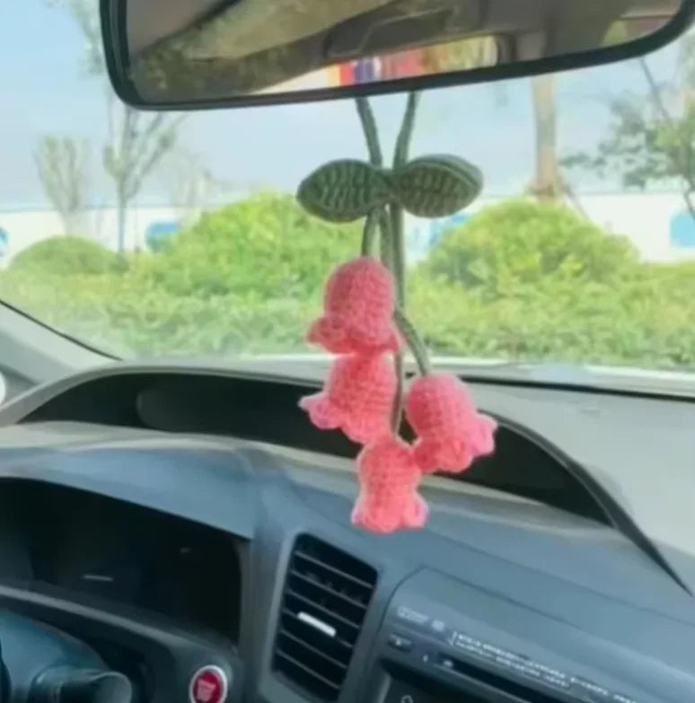 Lily Crochet Car Pendant – Bluebell Flower Rearview Mirror Decor