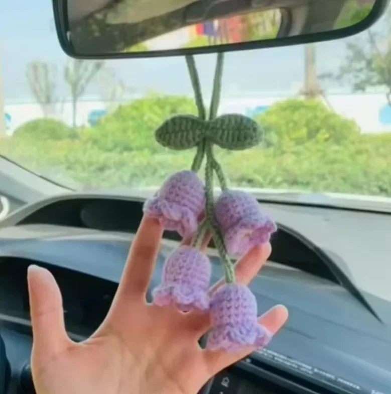 Lily Crochet Car Pendant – Bluebell Flower Rearview Mirror Decor