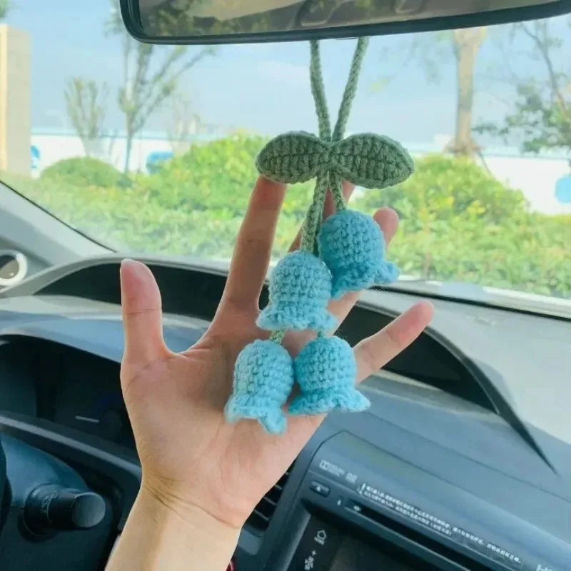 Lily Crochet Car Pendant – Bluebell Flower Rearview Mirror Decor