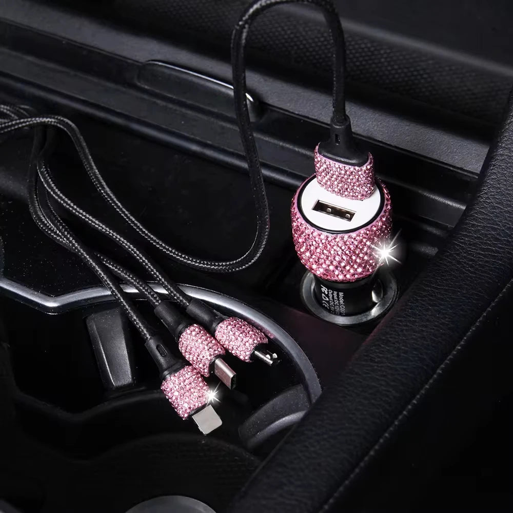 Bling USB Car Charger – Dual Port 5V 2.1A Pink Diamond Decor