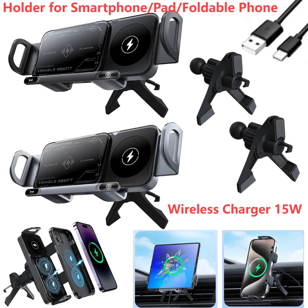 Dual Coil Car Phone Holder – 15W Foldable Wireless Charger