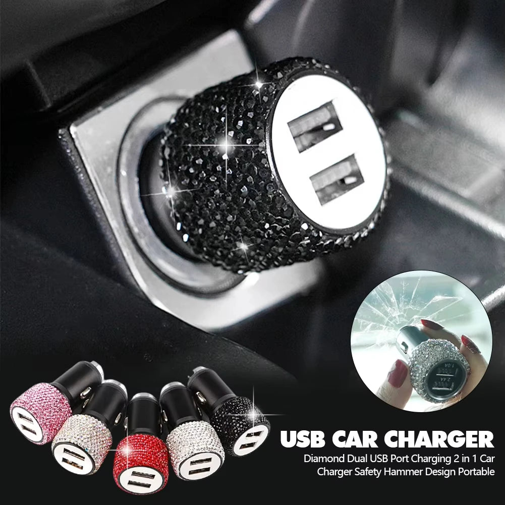 Bling USB Car Charger – Dual Port 5V 2.1A Pink Diamond Decor