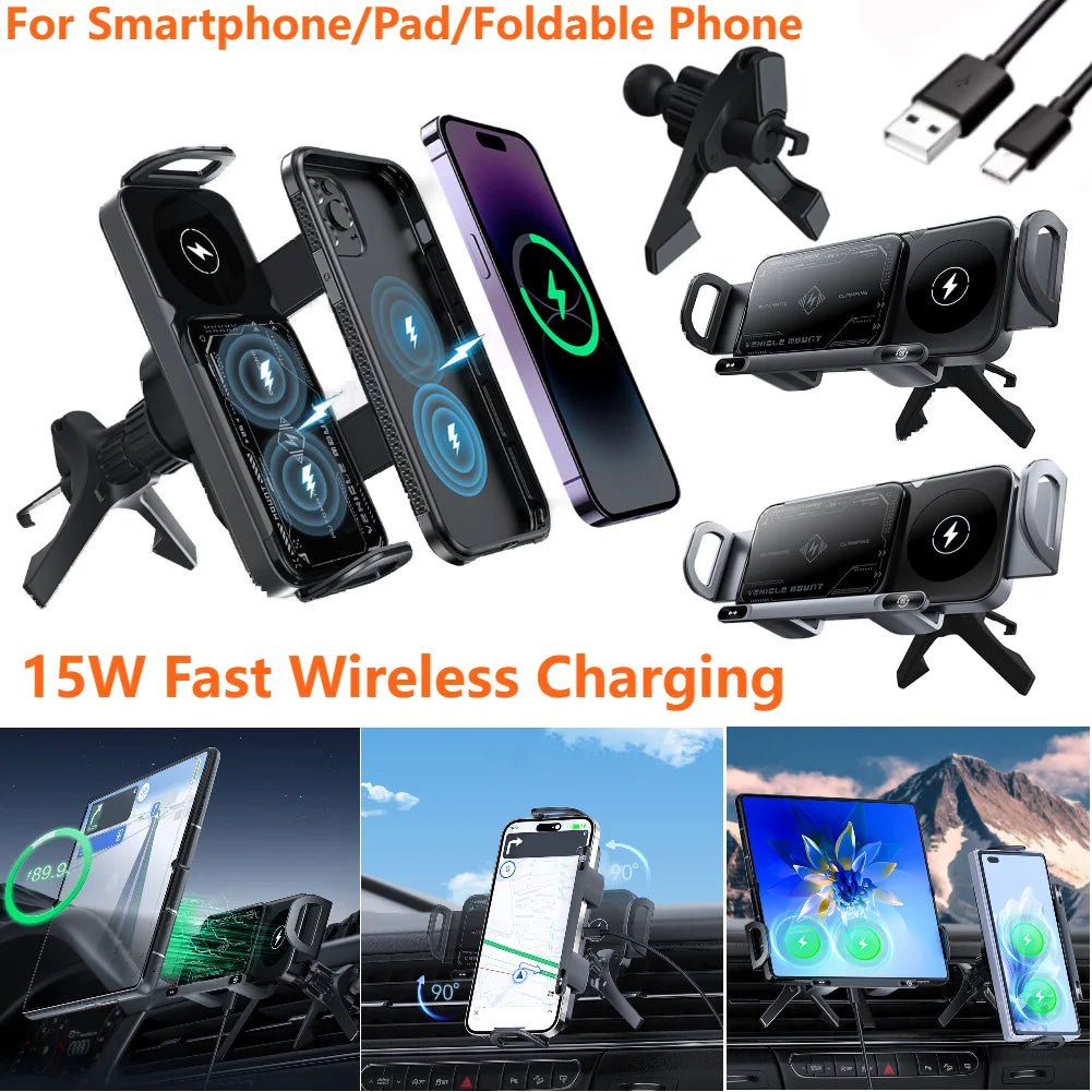 Dual Coil Car Phone Holder – 15W Foldable Wireless Charger