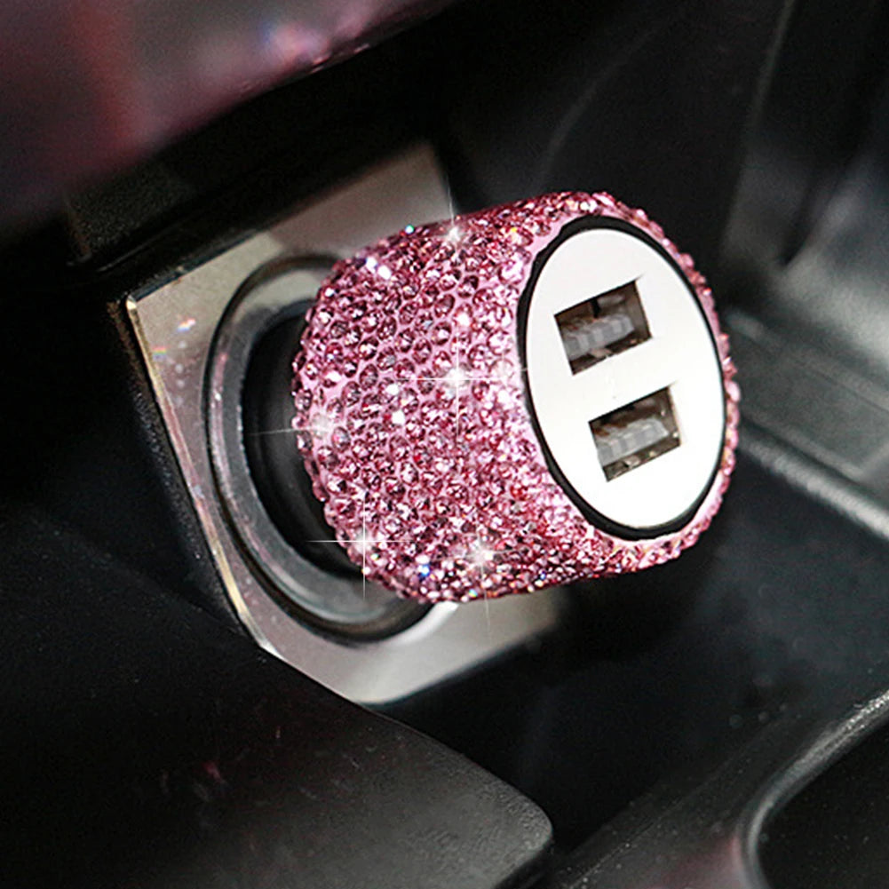 Bling USB Car Charger – Dual Port 5V 2.1A Pink Diamond Decor